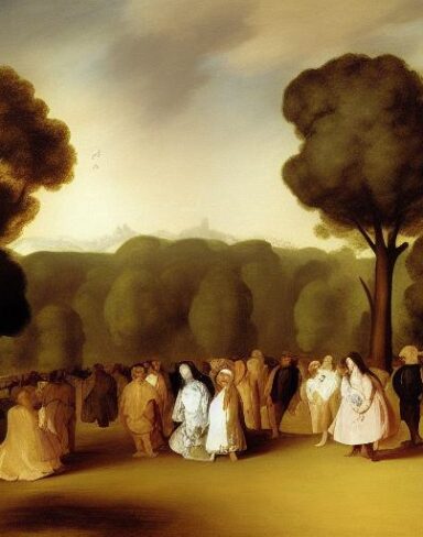 A painting of a group of people in a field with trees by Francisco de Holanda