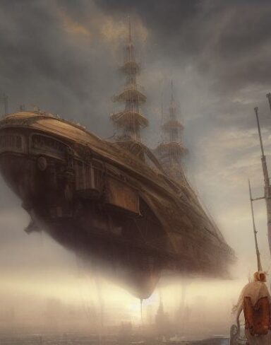 A painting of a human in front of a giant ship