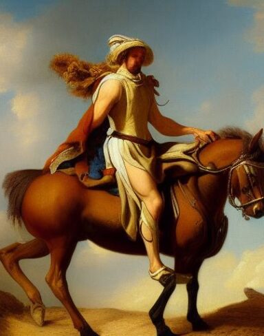 A painting of a man riding on the back of a horse in the village