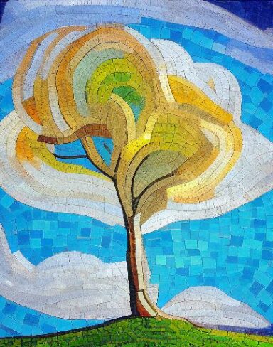 A painting of a tree with a sky and cloud