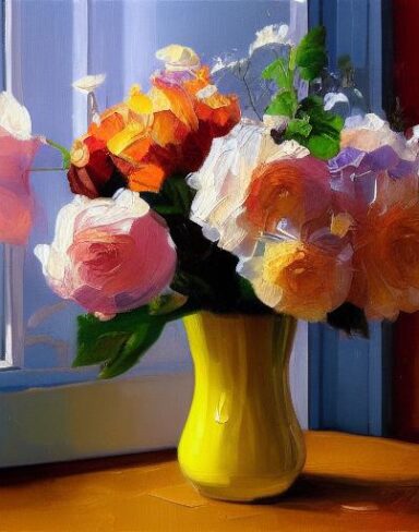 A painting of flowers in a vase near a window
