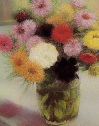 A painting of flowers in a vase on a table