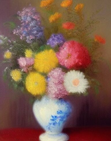 A painting of flowers in a vase on a table