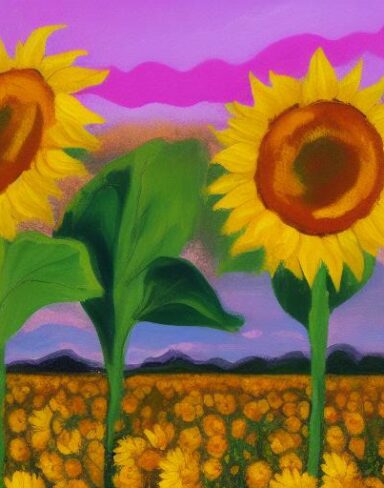 A painting of sunflowers in a field