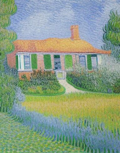 A painting of the house in a garden