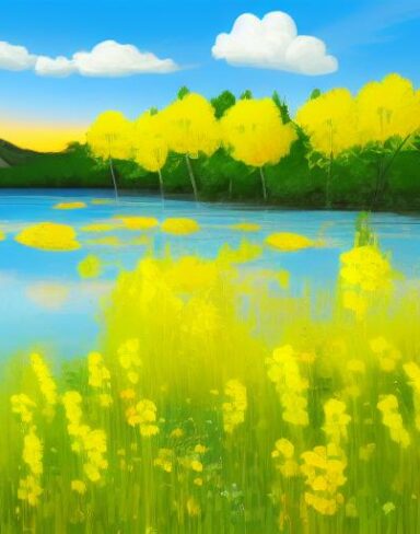 A painting of yellow flowers near a lake