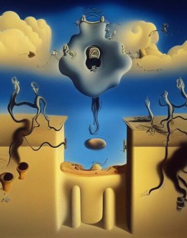 A painting on the side of a building in the sky