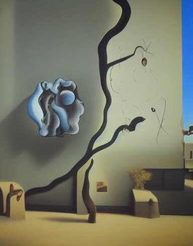 A painting on the side of a building with a tree nearby