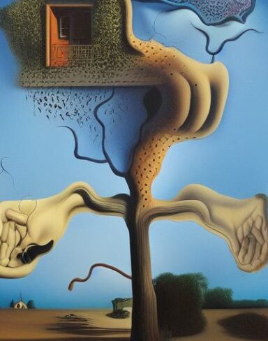 A painting on the side of a building with a tree nearby