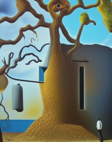 A painting on the side of a building with a tree nearby