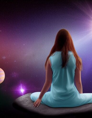 A panoramic shot painting of a woman sitting on a rock in space