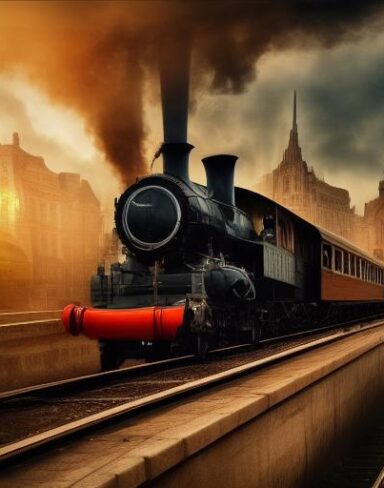 A steam engine train traveling through a city