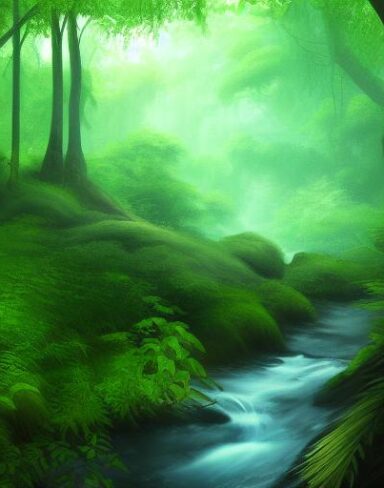 A stream running through a lush green forest