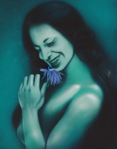 A studio-quality Psychedelic Art of a woman in a low angle view