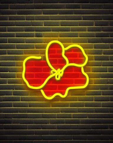 A yellow flower neon sign on a brick wall