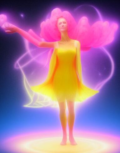 An octane render massive-scale painting of a woman floating in space. The woman is a psychedelic elf