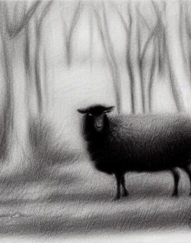 Black and white drawing of sheep and a forest