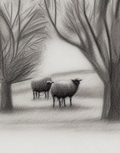Black and white drawing of sheep and trees