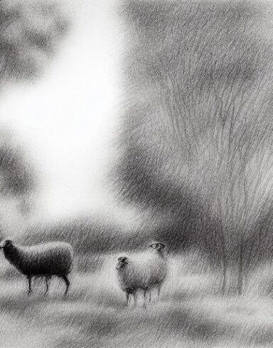 Black and white drawing of sheep and trees