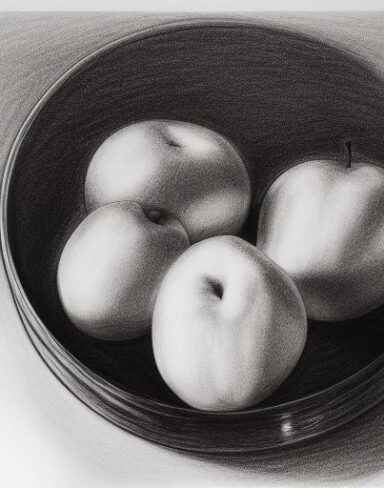 Black and white drawing of the bowl of fruits