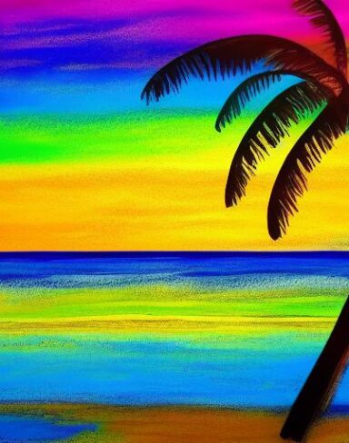Color painting of a palm tree on a beach