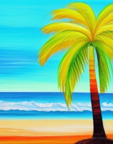 Color painting of a palm tree on a beach