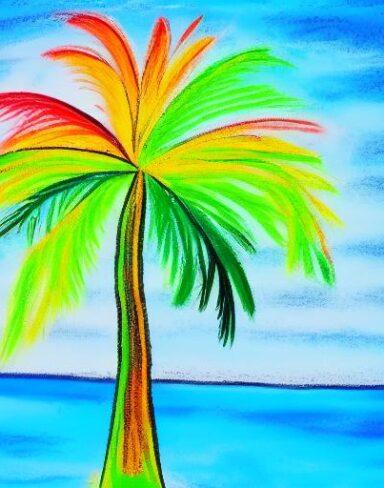 Color painting of a palm tree on a beach