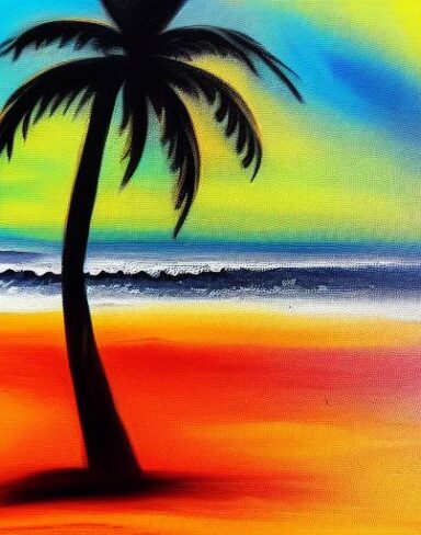 Color painting of a palm tree on a beach