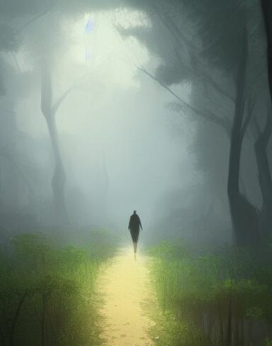 Dark digital art of a person walking through a forest