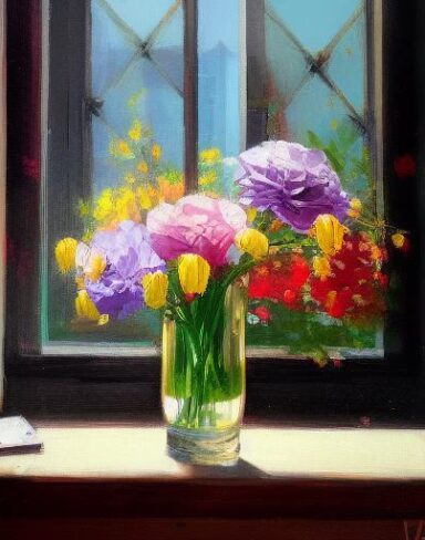 Flowers in a vase on a window side painting