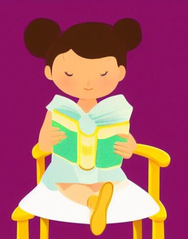 Little girl sitting on a chair reading a book