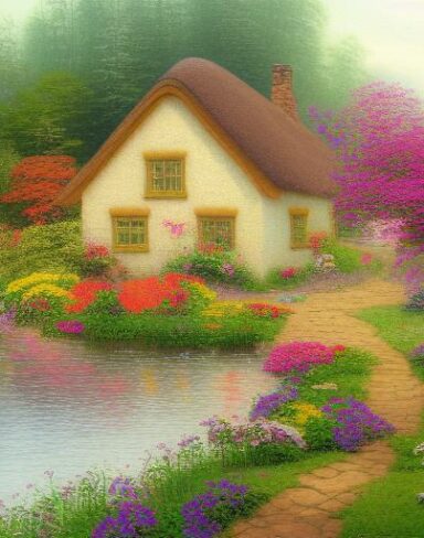Painting of a cottage by a river with vivid flowers