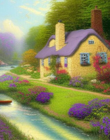 Painting of a cottage by a river with vivid flowers