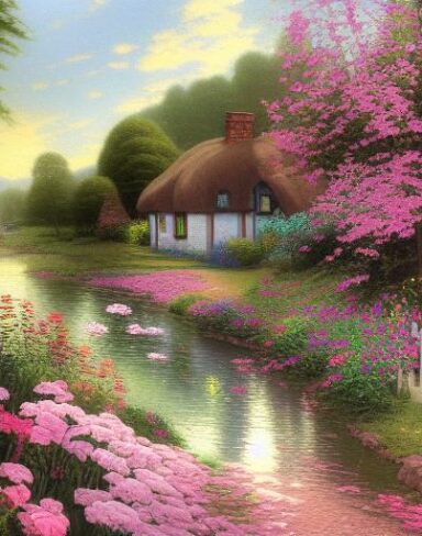 Painting of a cottage near a river with flowers