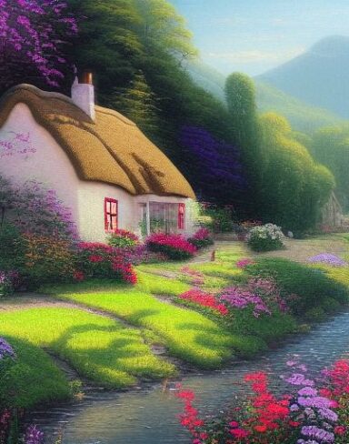 Painting of a cottage near a river with many flowers