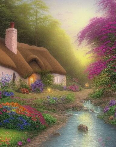 Painting of a cottage near a river with many flowers