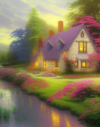 Painting of a house by a river with flowers