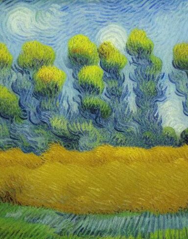 Painting of a wheatfield with cypress trees