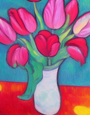 Painting of pink flowers in a vase