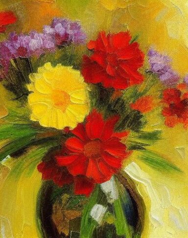 Painting of several flowers in a vase