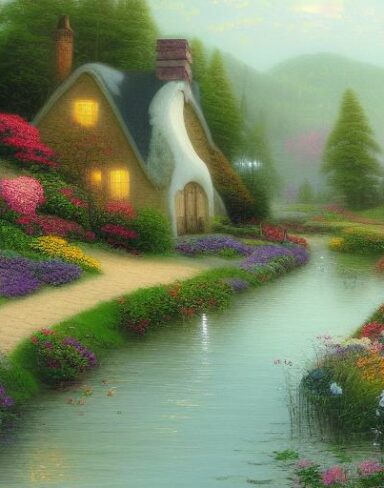 Painting of the cottage by a river with flowers