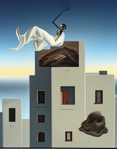 Painting on the side of a building in the sky