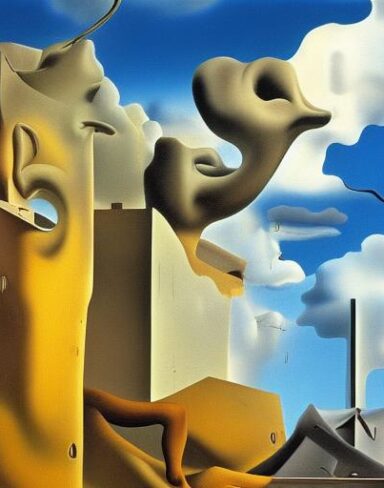 Painting on the side of a building with sculptures and sky