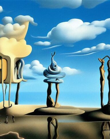 Painting on the side of a building with sculptures and sky