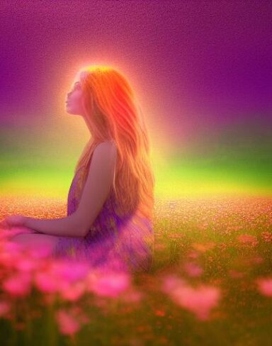 Psychedelic Art of a woman sitting amidst a field of flowers
