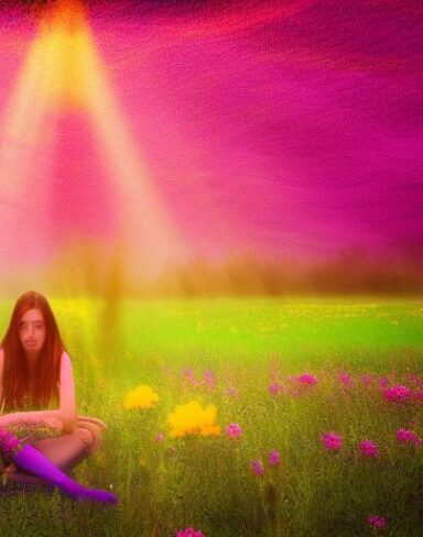 Psychedelic Art of a woman sitting amidst a field of flowers