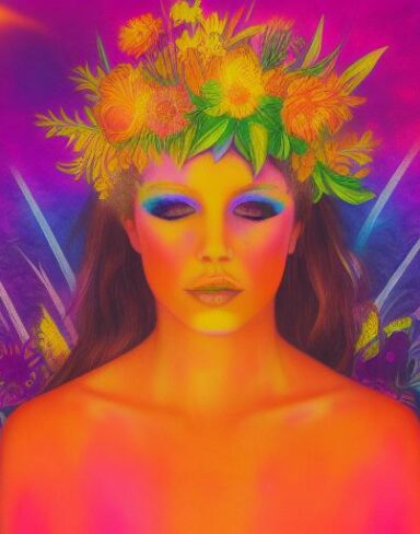 Psychedelic painting of a woman with a flower crown
