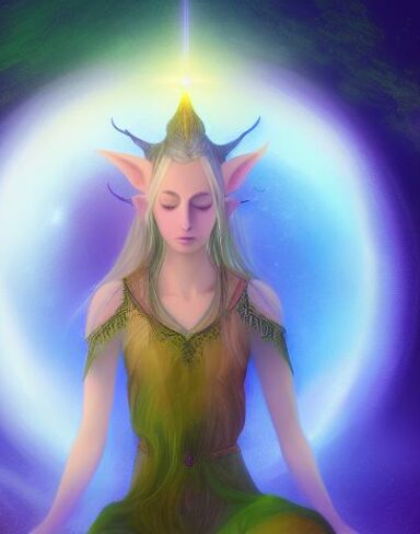 The artwork is a digital 2D fantasy art portraying an elven spirit meditating in space. The lighting used in this artwork is accent lighting