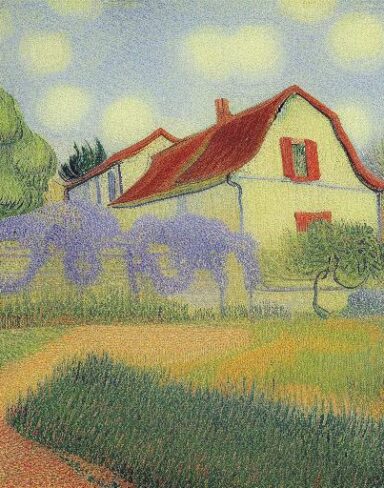 The impressionism painting of the house with garden