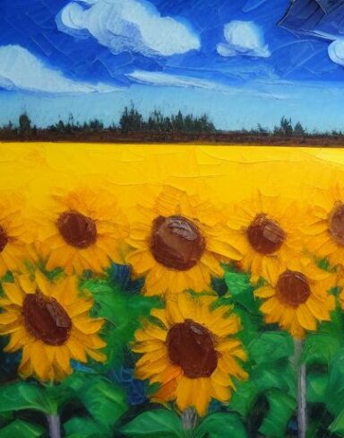 The oil painting of sunflowers in the field